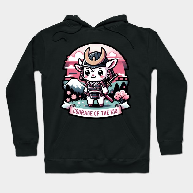 Kawaii Samurai Animal Lamb Warrior with Katana Cute in front of Fuji Mount Blossom Hoodie by EmuftyDesign